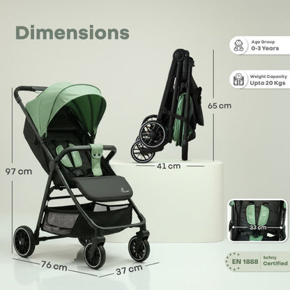 Poppins Neo Baby Stroller, Travel Stroller with 5-Point Harness & One-Hand Fold - Olive Green