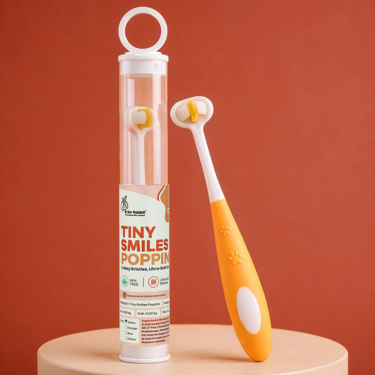 Tiny Smiles Poppins Kids Toothbrush, 3-Sided 360° Cleaning Brush, Ultra-Soft PBT Bristles - Orange