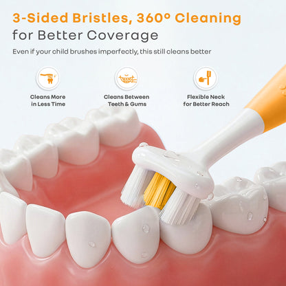 Tiny Smiles Poppins Kids Toothbrush, 3-Sided 360° Cleaning Brush, Ultra-Soft PBT Bristles - Orange