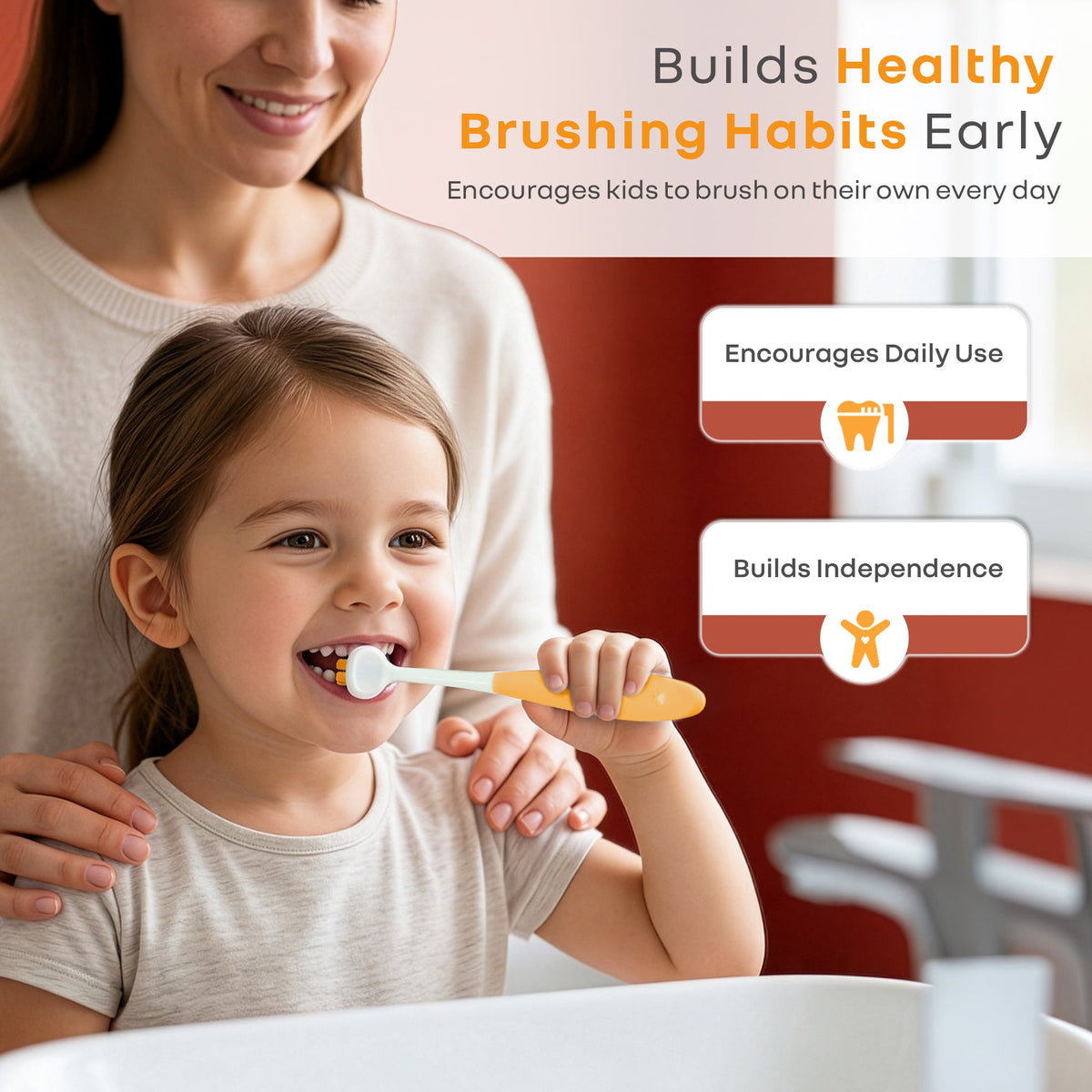 Tiny Smiles Poppins Kids Toothbrush, 3-Sided 360° Cleaning Brush, Ultra-Soft PBT Bristles - Orange