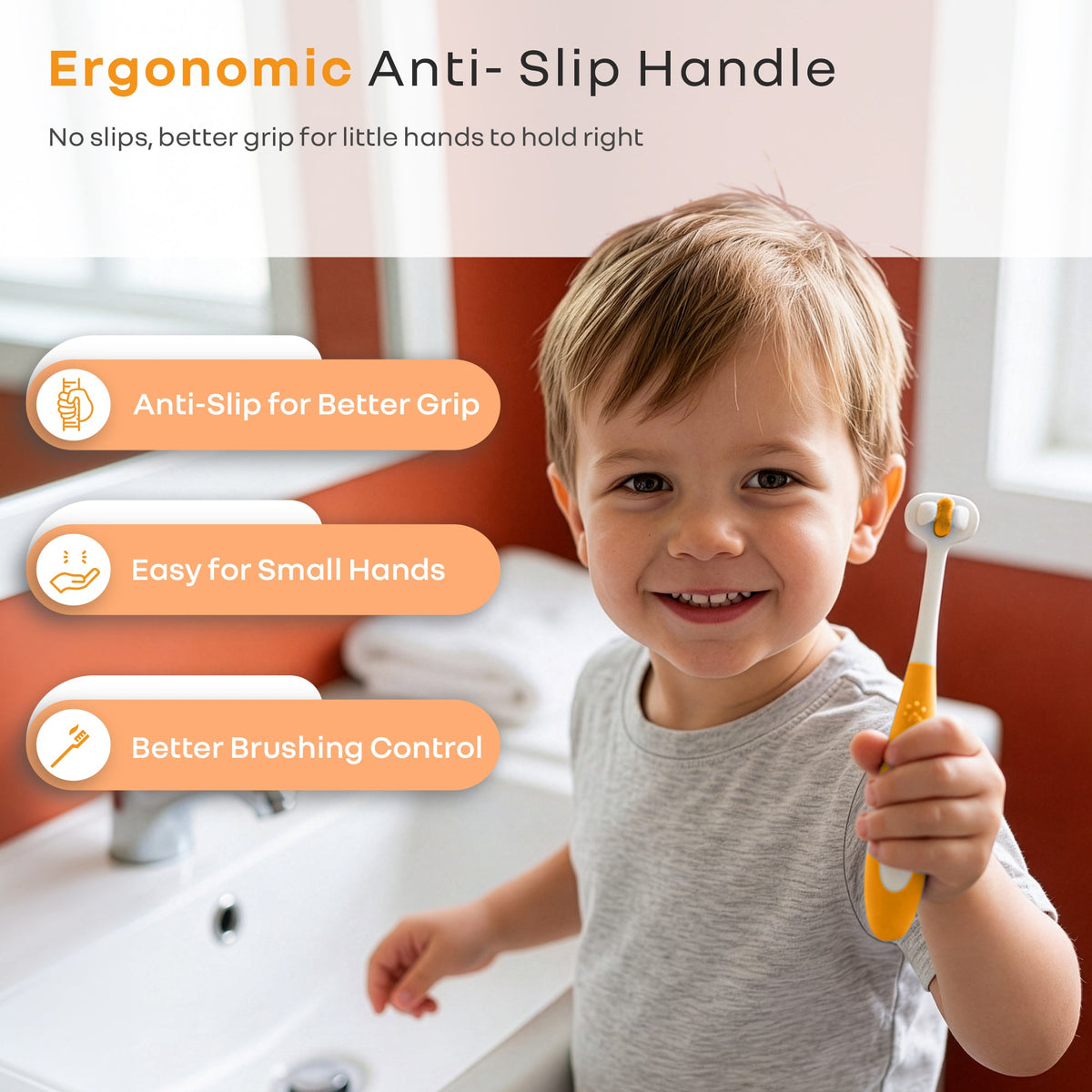 Tiny Smiles Poppins Kids Toothbrush, 3-Sided 360° Cleaning Brush, Ultra-Soft PBT Bristles - Orange