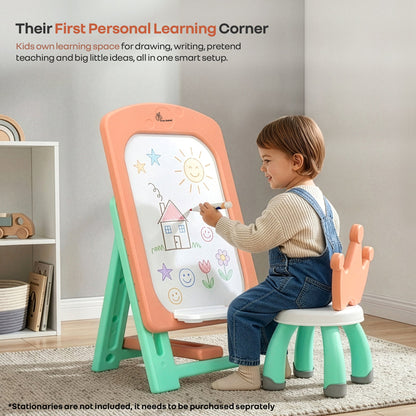 Little Genius Doodle Duo Whiteboard & Chair Set for 3–7 Years, 7-Level Height Adjustable, Foldable Study Table, Upto 40 kg - Peach Green