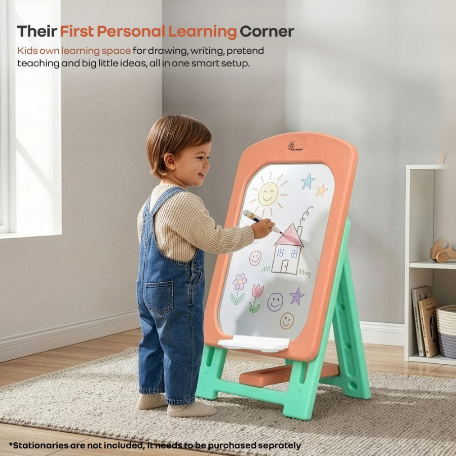 Little Genius Doodle Kids Whiteboard for Drawing & Learning – Foldable BPA Free Board with 7 Height Adjustments, Storage Tray & Stable Frame for Creative Activities (Age 3–7 Years) - Peach Green