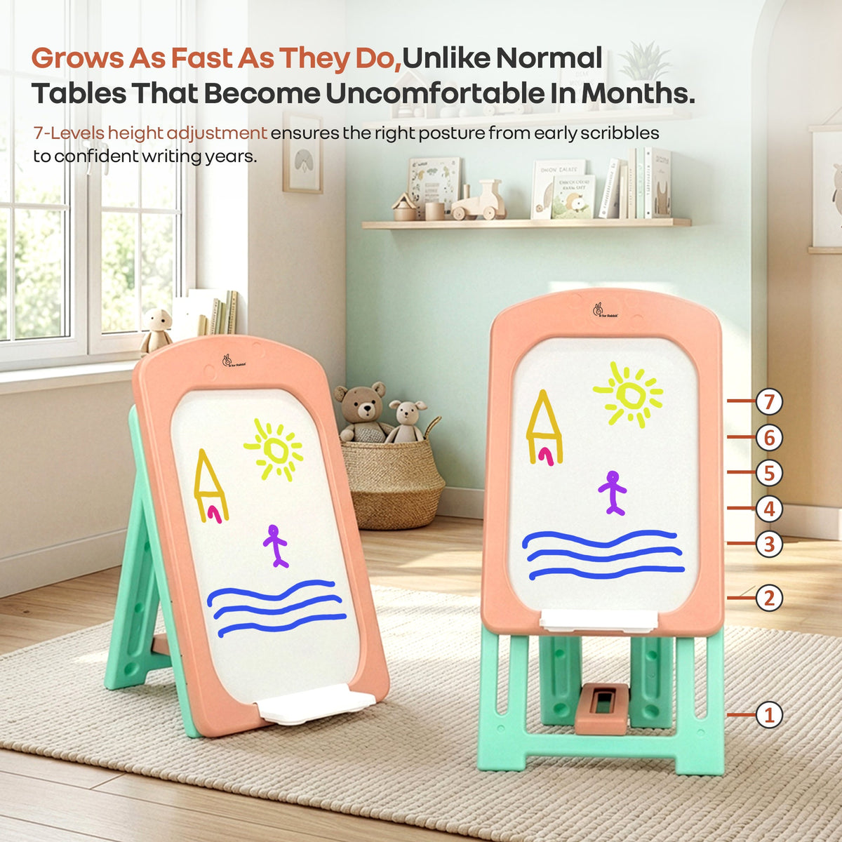 Little Genius Doodle Duo Whiteboard & Chair Set for 3–7 Years, 7-Level Height Adjustable, Foldable Study Table, Upto 40 kg - Peach Green