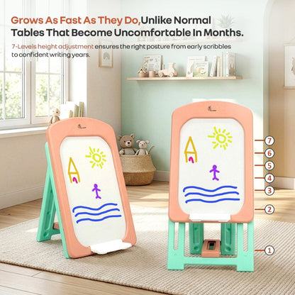Little Genius Doodle Kids Whiteboard for Drawing & Learning – Foldable BPA Free Board with 7 Height Adjustments, Storage Tray & Stable Frame for Creative Activities (Age 3–7 Years) - Peach Green