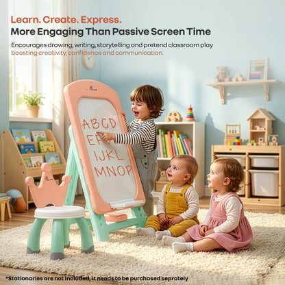 Little Genius Doodle Duo Whiteboard & Chair Set for 3–7 Years, 7-Level Height Adjustable, Foldable Study Table, Upto 40 kg - Peach Green