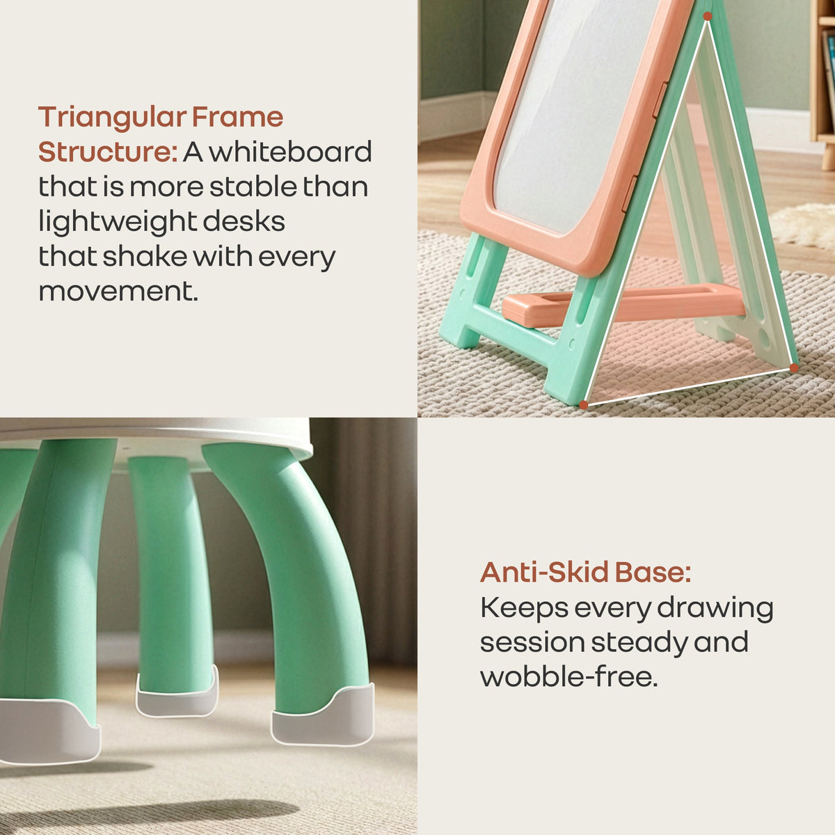 Little Genius Doodle Duo Whiteboard & Chair Set for 3–7 Years, 7-Level Height Adjustable, Foldable Study Table, Upto 40 kg - Peach Green
