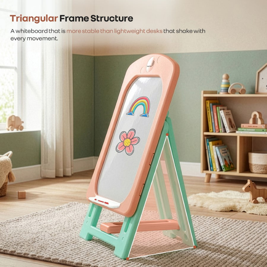 Little Genius Doodle Kids Whiteboard for Drawing & Learning – Foldable BPA Free Board with 7 Height Adjustments, Storage Tray & Stable Frame for Creative Activities (Age 3–7 Years) - Peach Green