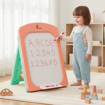Little Genius Doodle Kids Whiteboard for Drawing & Learning – Foldable BPA Free Board with 7 Height Adjustments, Storage Tray & Stable Frame for Creative Activities (Age 3–7 Years) - Peach Green