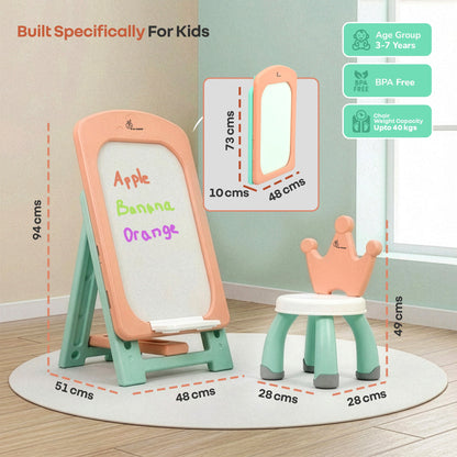 Little Genius Doodle Duo Whiteboard & Chair Set for 3–7 Years, 7-Level Height Adjustable, Foldable Study Table, Upto 40 kg - Peach Green