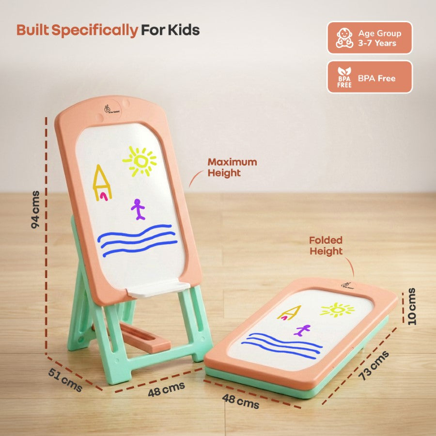 Little Genius Doodle Kids Whiteboard for Drawing & Learning – Foldable BPA Free Board with 7 Height Adjustments, Storage Tray & Stable Frame for Creative Activities (Age 3–7 Years) - Peach Green