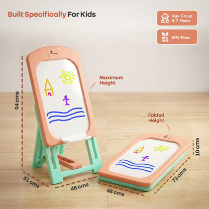 Little Genius Doodle Kids Whiteboard for Drawing & Learning – Foldable BPA Free Board with 7 Height Adjustments, Storage Tray & Stable Frame for Creative Activities (Age 3–7 Years) - Peach Green
