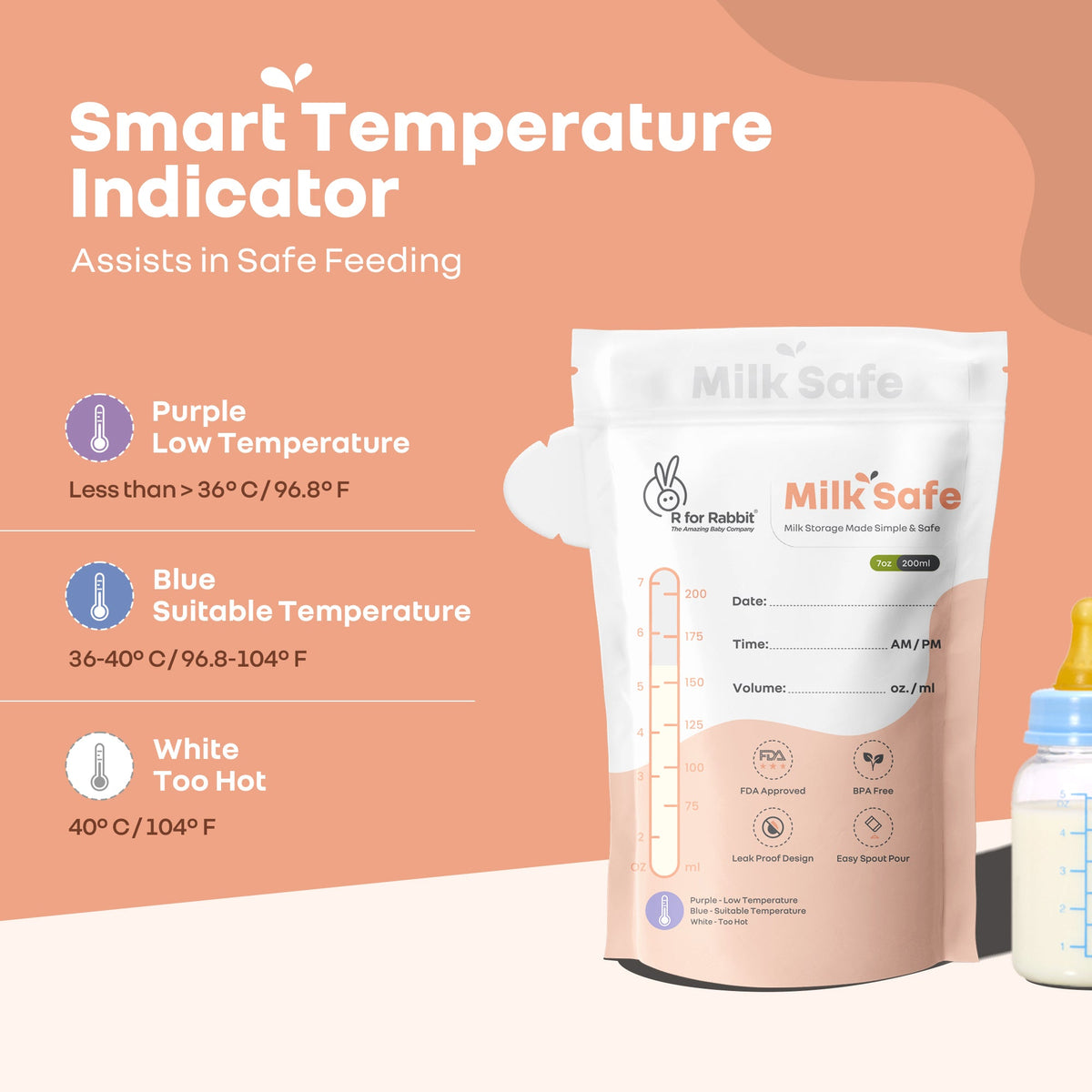 Milk Safe Breast Milk Storage Bags with Leakproof, BPA-Free, Temp Indicator (200ml x 30) - Peach White