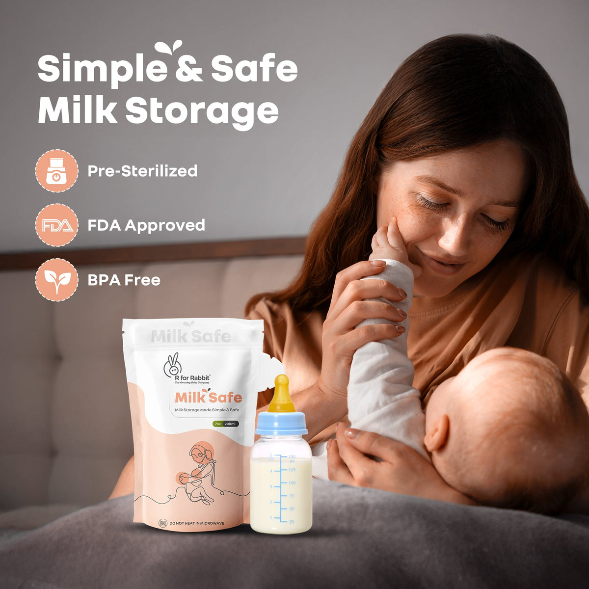 Milk Safe Breast Milk Storage Bags with Leakproof, BPA-Free, Temp Indicator (200ml x 30) - Peach White