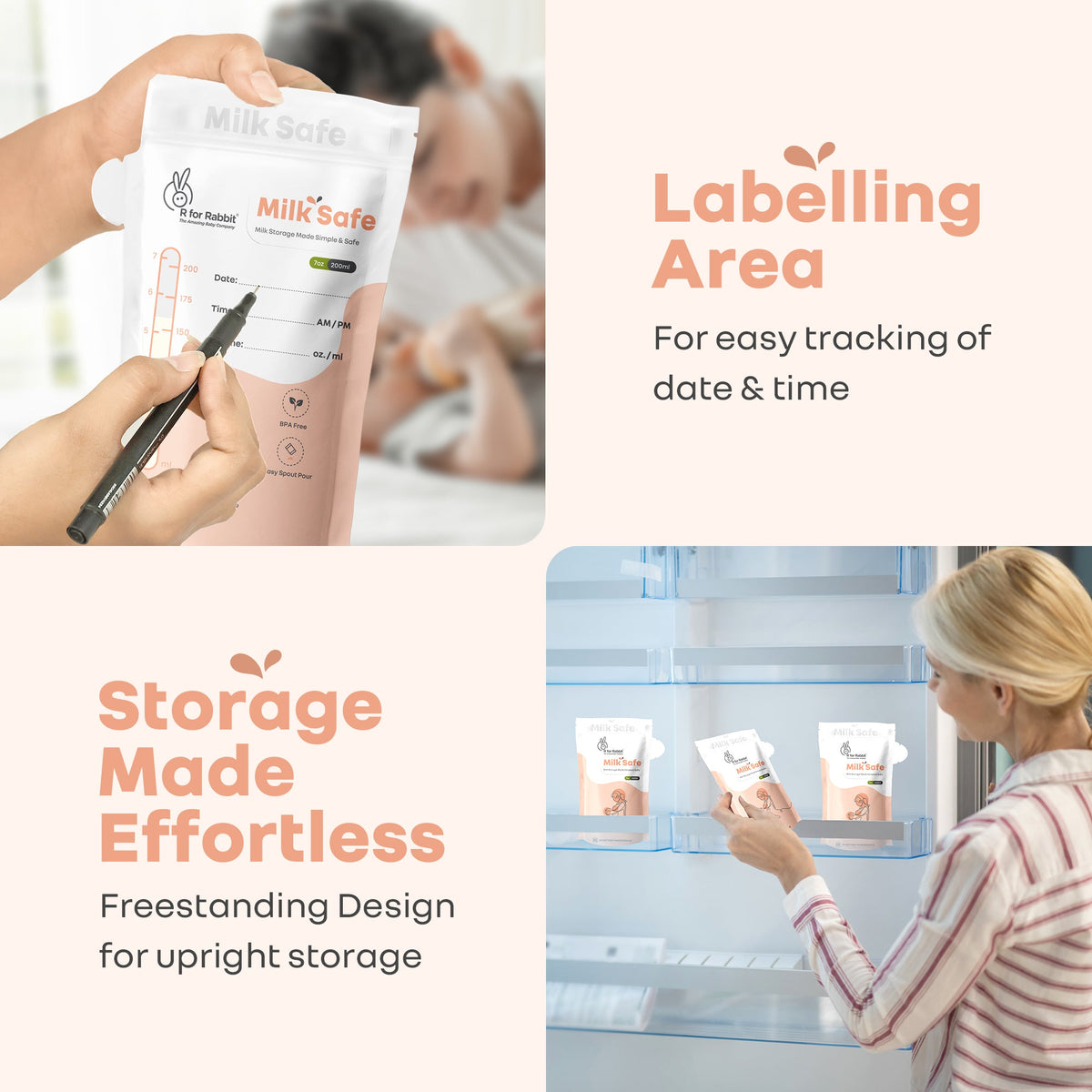 Milk Safe Breast Milk Storage Bags with Leakproof, BPA-Free, Temp Indicator (200ml x 30) - Peach White