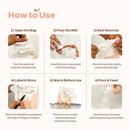 Milk Safe Breast Milk Storage Bags with Leakproof, BPA-Free, Temp Indicator (200ml x 30) - Peach White