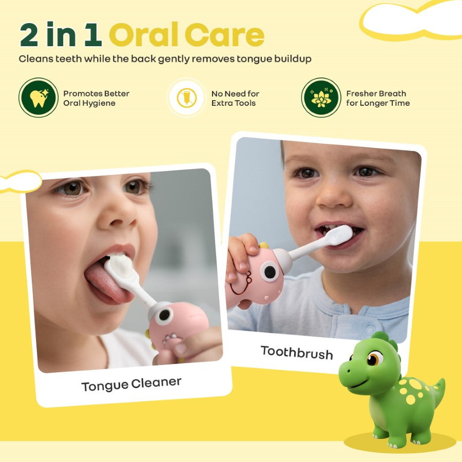 Tiny Smiles Dino Kids Toothbrush, Ultra-Soft Bristles for Gentle Oral Care, BPA-Free, Kids Brush for 2+ Years - Peach