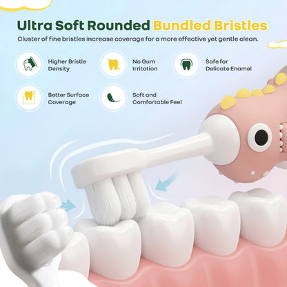 Tiny Smiles Dino Kids Toothbrush, Ultra-Soft Bristles for Gentle Oral Care, BPA-Free, Kids Brush for 2+ Years - Peach