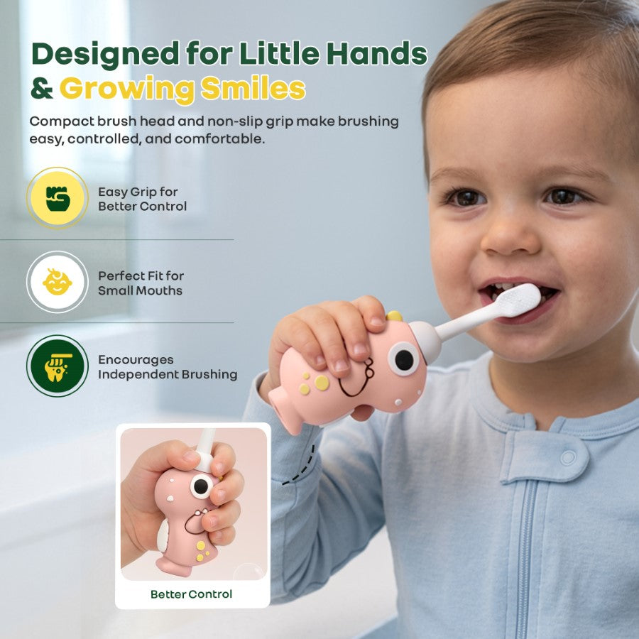 Tiny Smiles Dino Kids Toothbrush, Ultra-Soft Bristles for Gentle Oral Care, BPA-Free, Kids Brush for 2+ Years - Peach