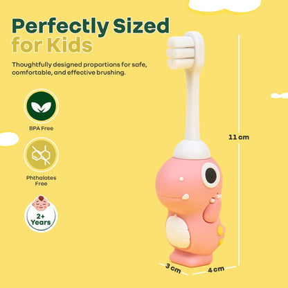 Tiny Smiles Dino Kids Toothbrush, Ultra-Soft Bristles for Gentle Oral Care, BPA-Free, Kids Brush for 2+ Years - Peach