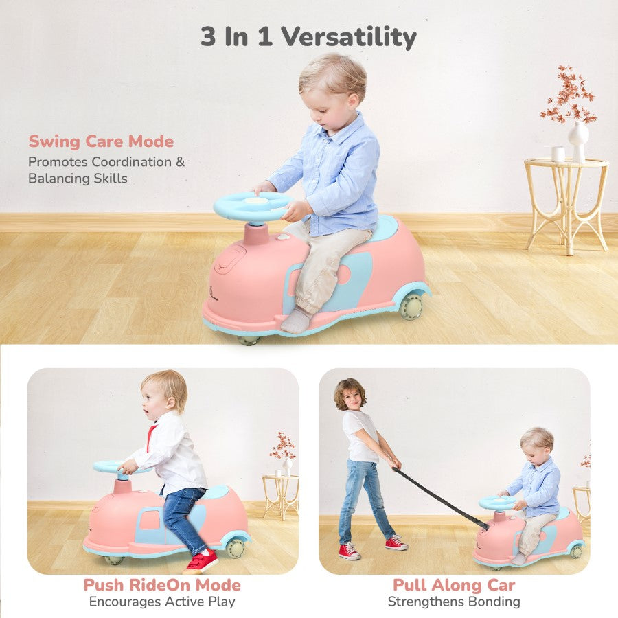 Iya Iya Caravan Swing car – 3-in-1 Multipurpose Ride-On with PU LED Wheels - Pink Blue