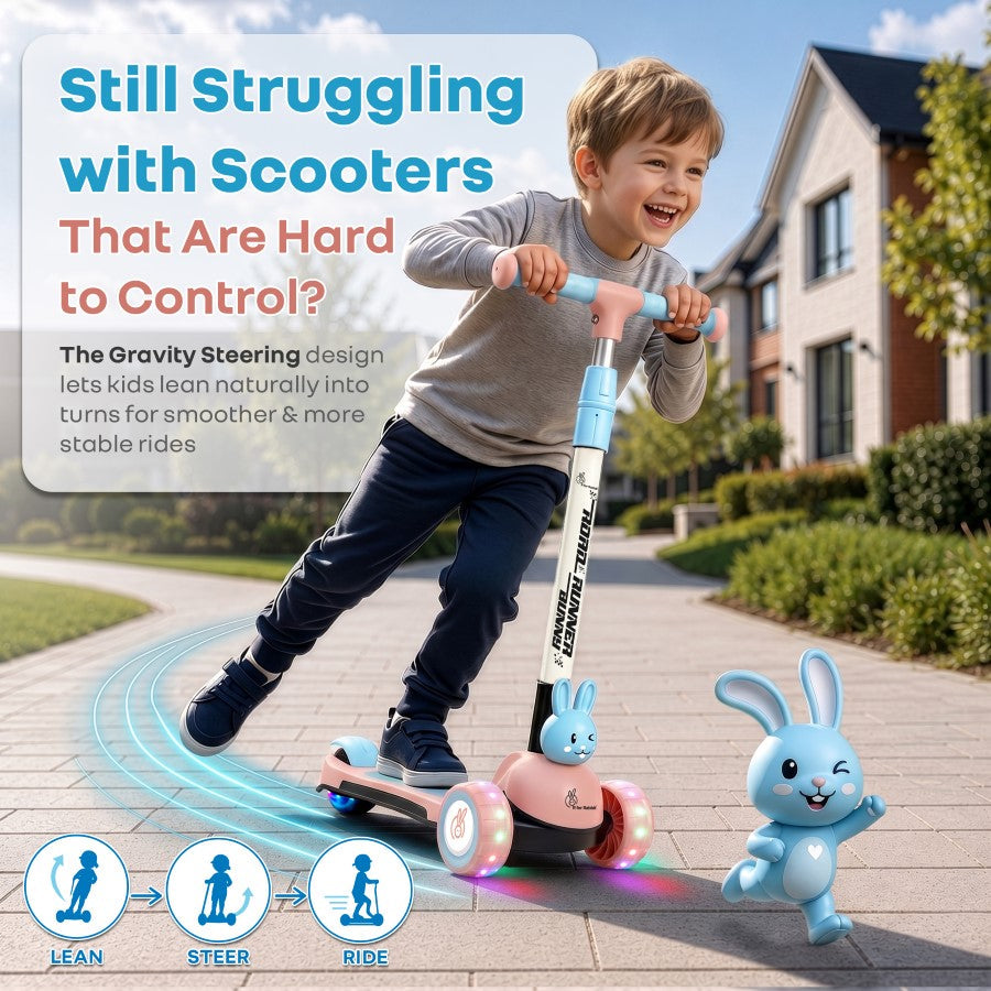 Road Runner Bunny Scooter For Kids With PU LED Wheels - Pink Blue