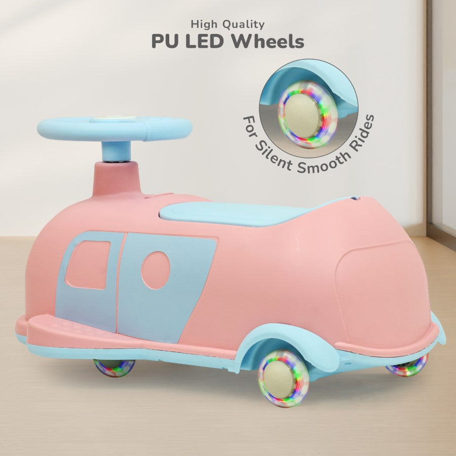 Iya Iya Caravan Swing car – 3-in-1 Multipurpose Ride-On with PU LED Wheels - Pink Blue