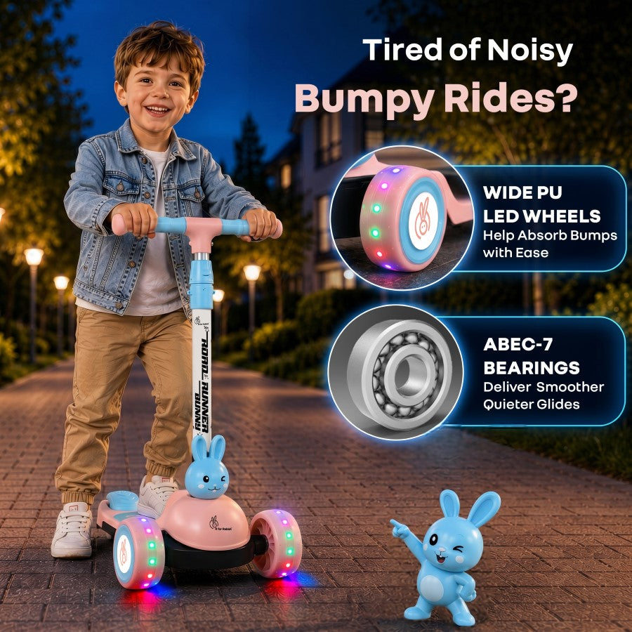 Road Runner Bunny Scooter For Kids With PU LED Wheels - Pink Blue
