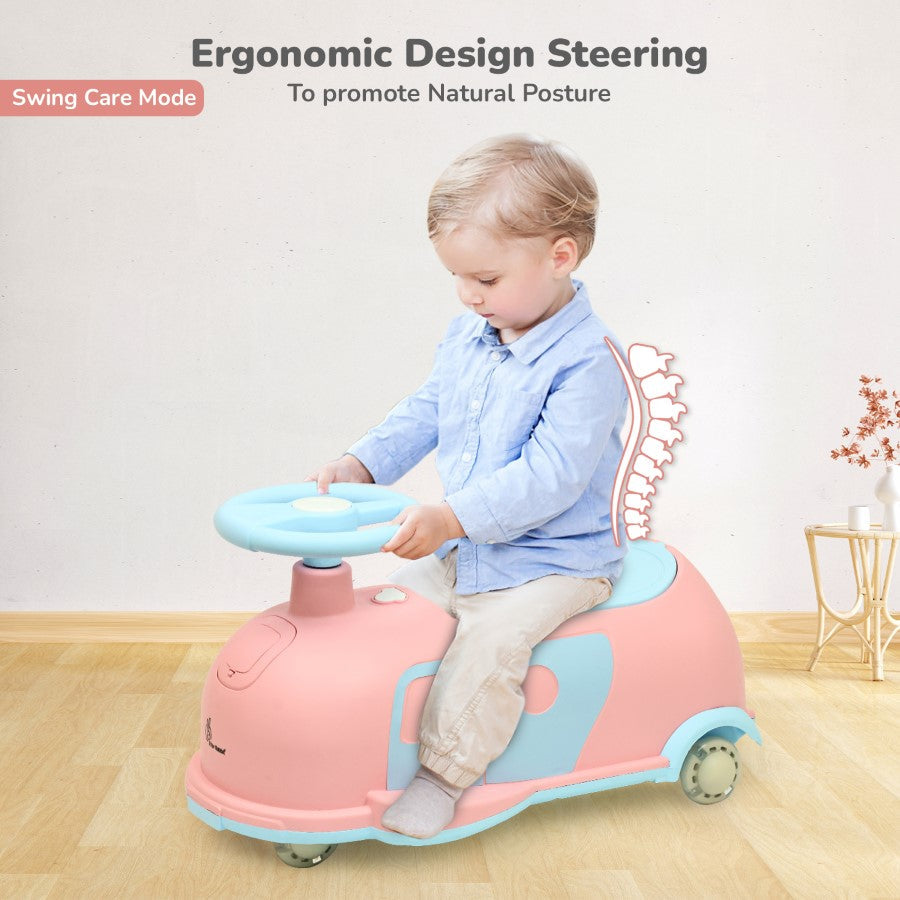 Iya Iya Caravan Swing car – 3-in-1 Multipurpose Ride-On with PU LED Wheels - Pink Blue