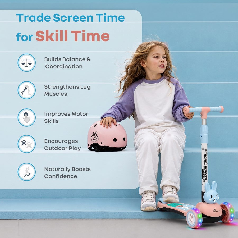 Road Runner Bunny Scooter For Kids With PU LED Wheels - Pink Blue