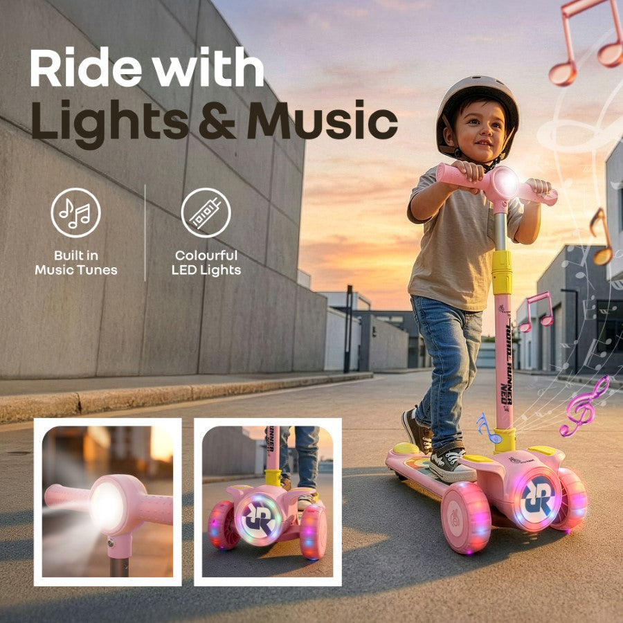 Road Runner Neo Kids Scooter with LED PU Wheels, Music, Gravity Steering, 4-Level Height Adjustment & BIS Certified Safety (3+ Years) - Pink Yellow