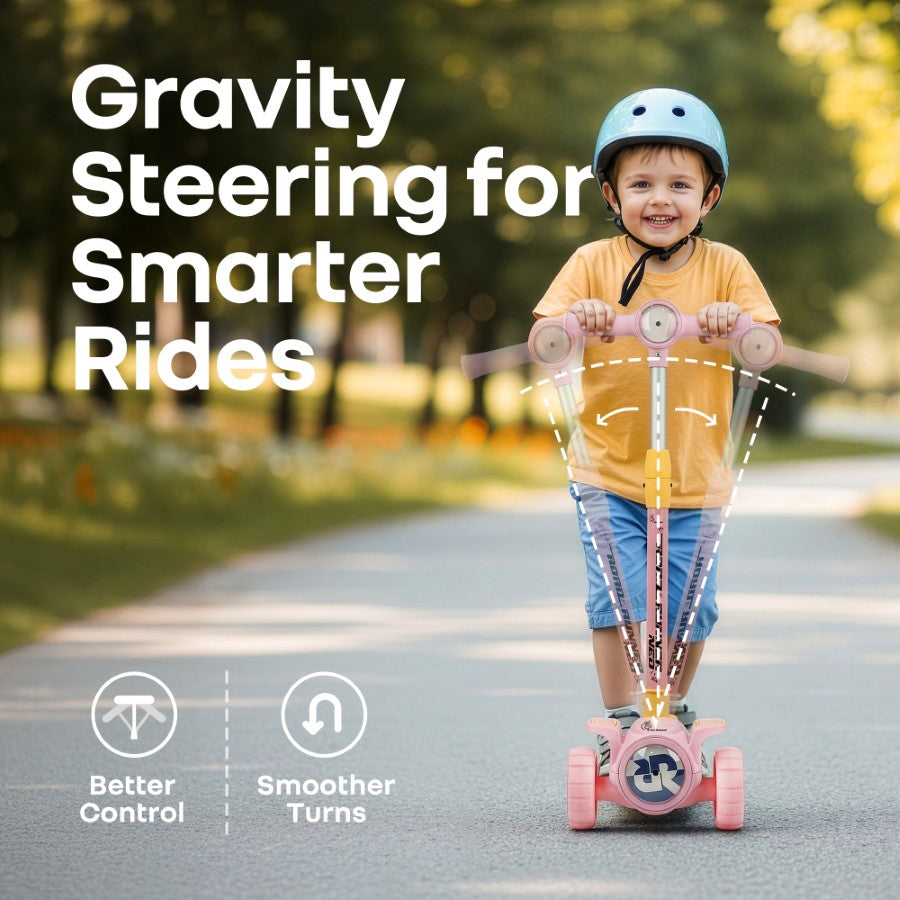 Road Runner Neo Kids Scooter with LED PU Wheels, Music, Gravity Steering, 4-Level Height Adjustment & BIS Certified Safety (3+ Years) - Pink Yellow