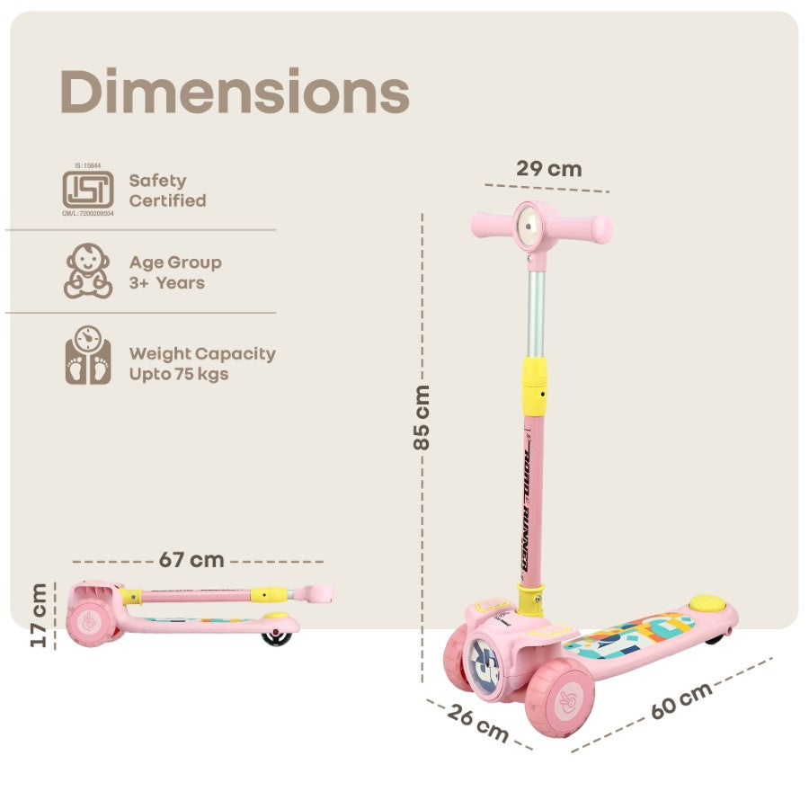 Road Runner Neo Kids Scooter with LED PU Wheels, Music, Gravity Steering, 4-Level Height Adjustment & BIS Certified Safety (3+ Years) - Pink Yellow