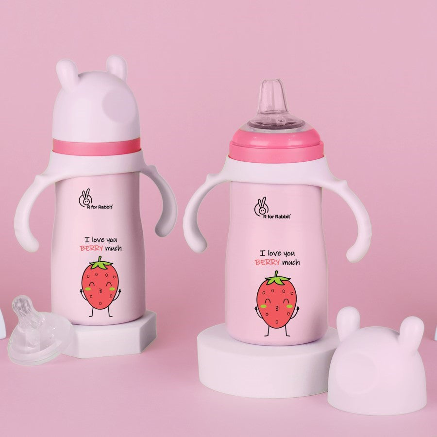 Steebo Fusion Spout Cup Stainless Steel Bottle For Kids, 270ml Leak Proof - Pink