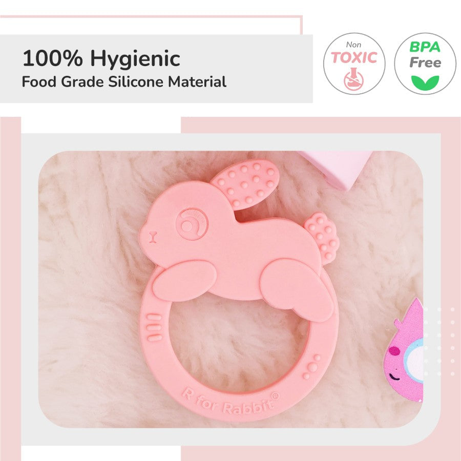 Tiny Bites Zoobie Baby Silicone Teethers Pack of 1 Crocodile, Rabbit, and Elephant - Pink