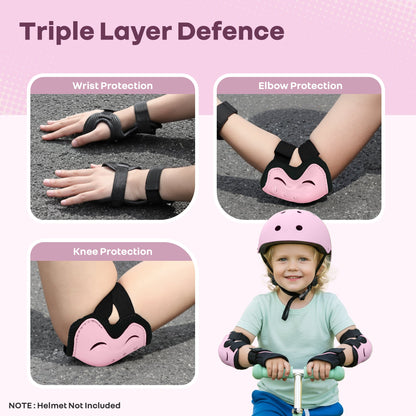 Kids Safety Protector Pads Set, Cushioned Knee, Elbow & Wrist Guards for Outdoor Riding & Sports - Pink