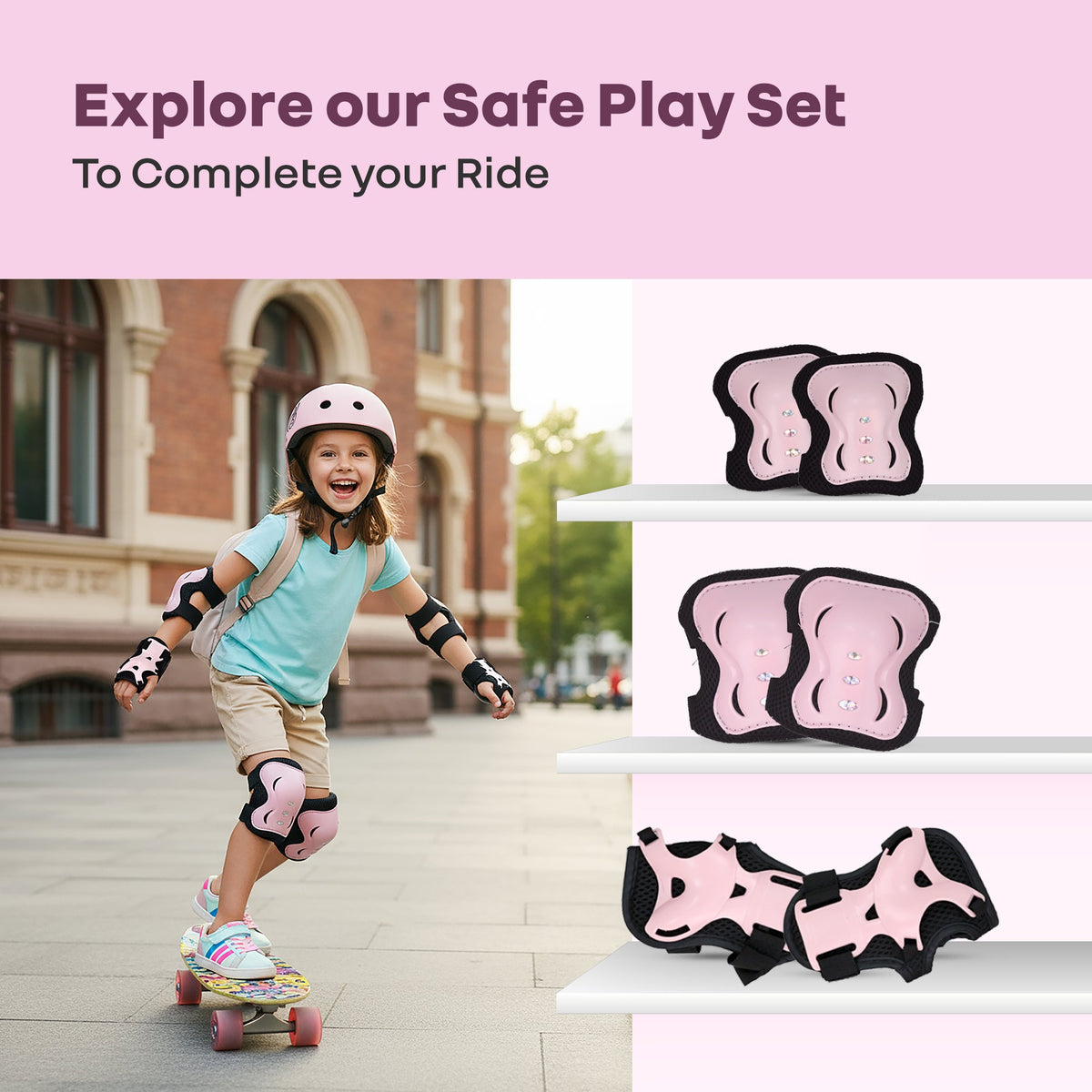 Kids Safety Protector Pads Set, Cushioned Knee, Elbow & Wrist Guards for Outdoor Riding & Sports - Pink