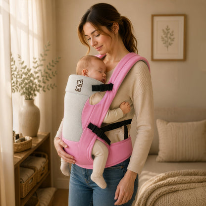 New Cuddle Snuggle Carriers cum Kangaroo Bag, Front / Back Baby Carrier Position, Foldable Head Support - Pink Grey