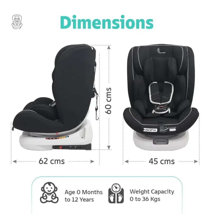 Jack N Jill Grand ISOFIX Car Seat For Kids 0 To 12 Years With Safety Harness - Pure Black
