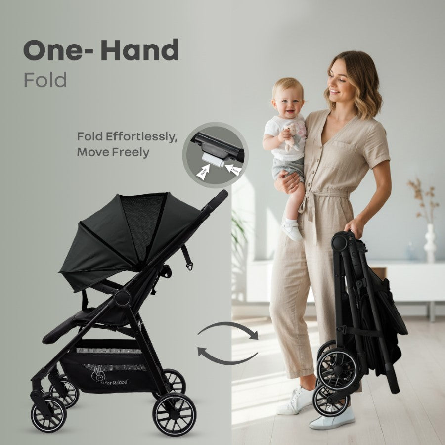 Poppins Neo Baby Stroller, Travel Stroller with 5-Point Harness & One-Hand Fold - Pure Black