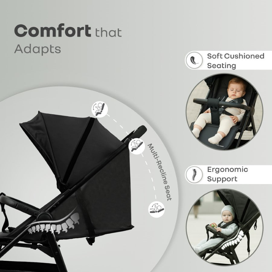 Poppins Neo Baby Stroller, Travel Stroller with 5-Point Harness & One-Hand Fold - Pure Black