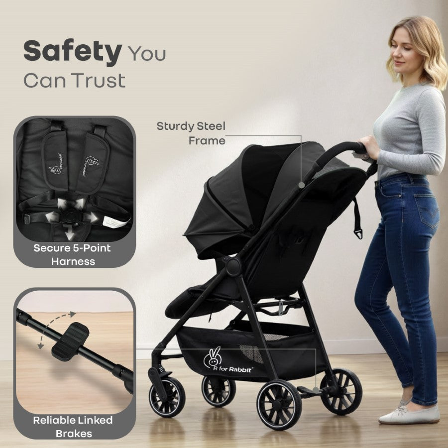 Poppins Neo Baby Stroller, Travel Stroller with 5-Point Harness & One-Hand Fold - Pure Black