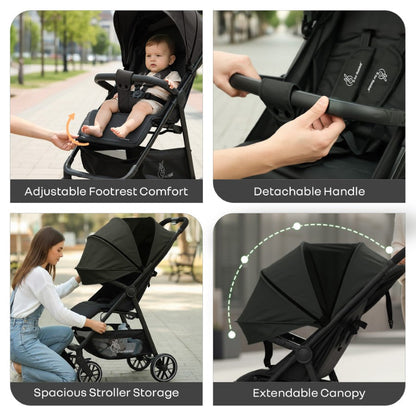 Poppins Neo Baby Stroller, Travel Stroller with 5-Point Harness & One-Hand Fold - Pure Black