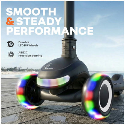 Road Runner Jazz Scooter for Kids With ABEC7 Bearings, LED PU Wheels & Foldable Frame - Pure Black