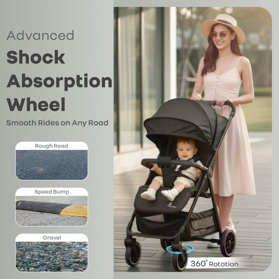 Poppins Neo Baby Stroller, Travel Stroller with 5-Point Harness & One-Hand Fold - Pure Black