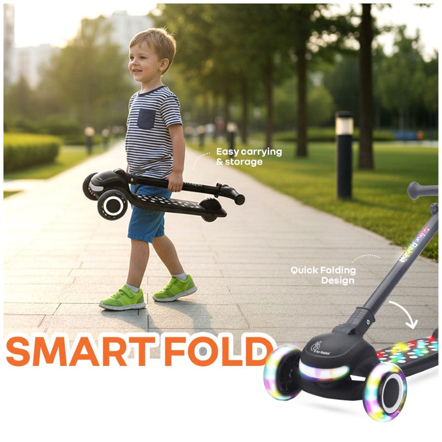 Road Runner Jazz Scooter for Kids With ABEC7 Bearings, LED PU Wheels & Foldable Frame - Pure Black