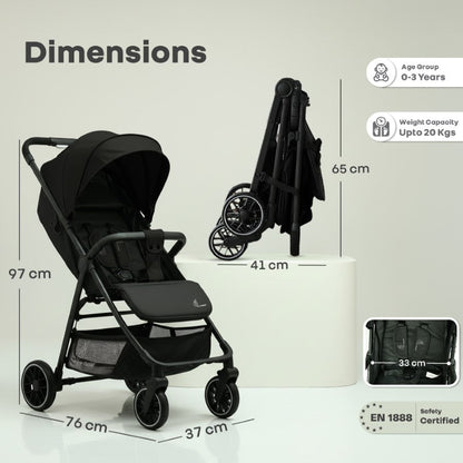 Poppins Neo Baby Stroller, Travel Stroller with 5-Point Harness & One-Hand Fold - Pure Black