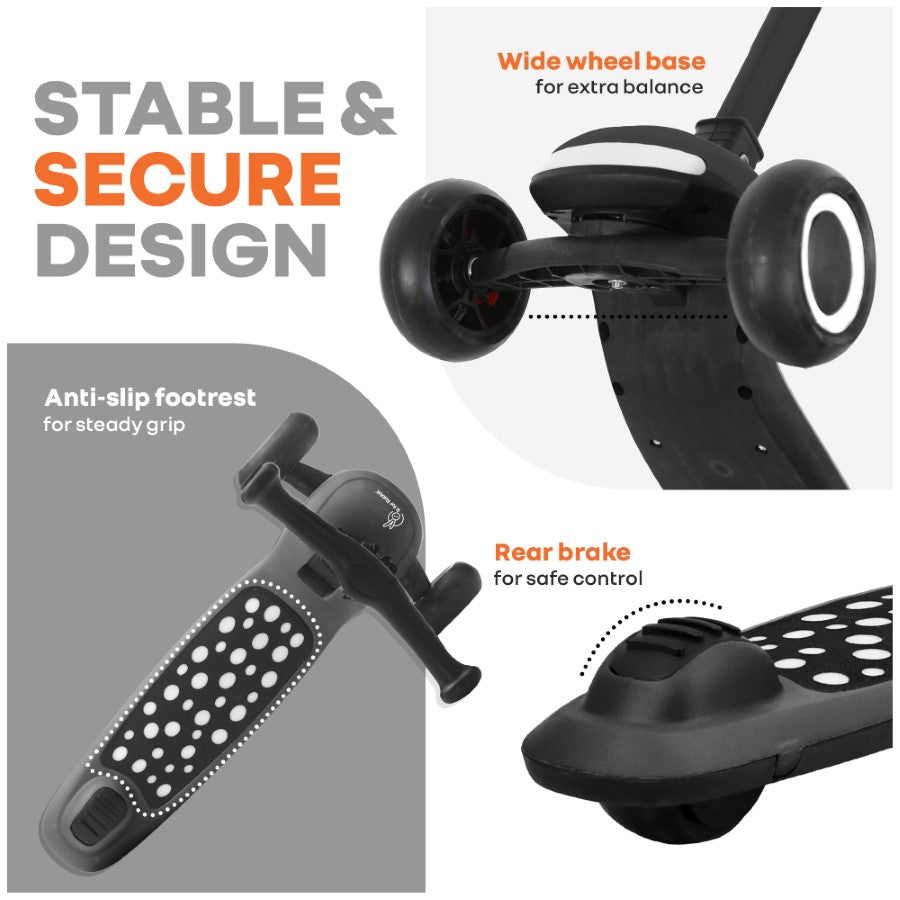 Road Runner Jazz Scooter for Kids With ABEC7 Bearings, LED PU Wheels & Foldable Frame - Pure Black