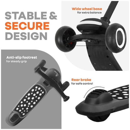 Road Runner Jazz Scooter for Kids With ABEC7 Bearings, LED PU Wheels & Foldable Frame - Pure Black