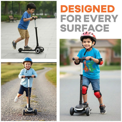 Road Runner Jazz Scooter for Kids With ABEC7 Bearings, LED PU Wheels & Foldable Frame - Pure Black